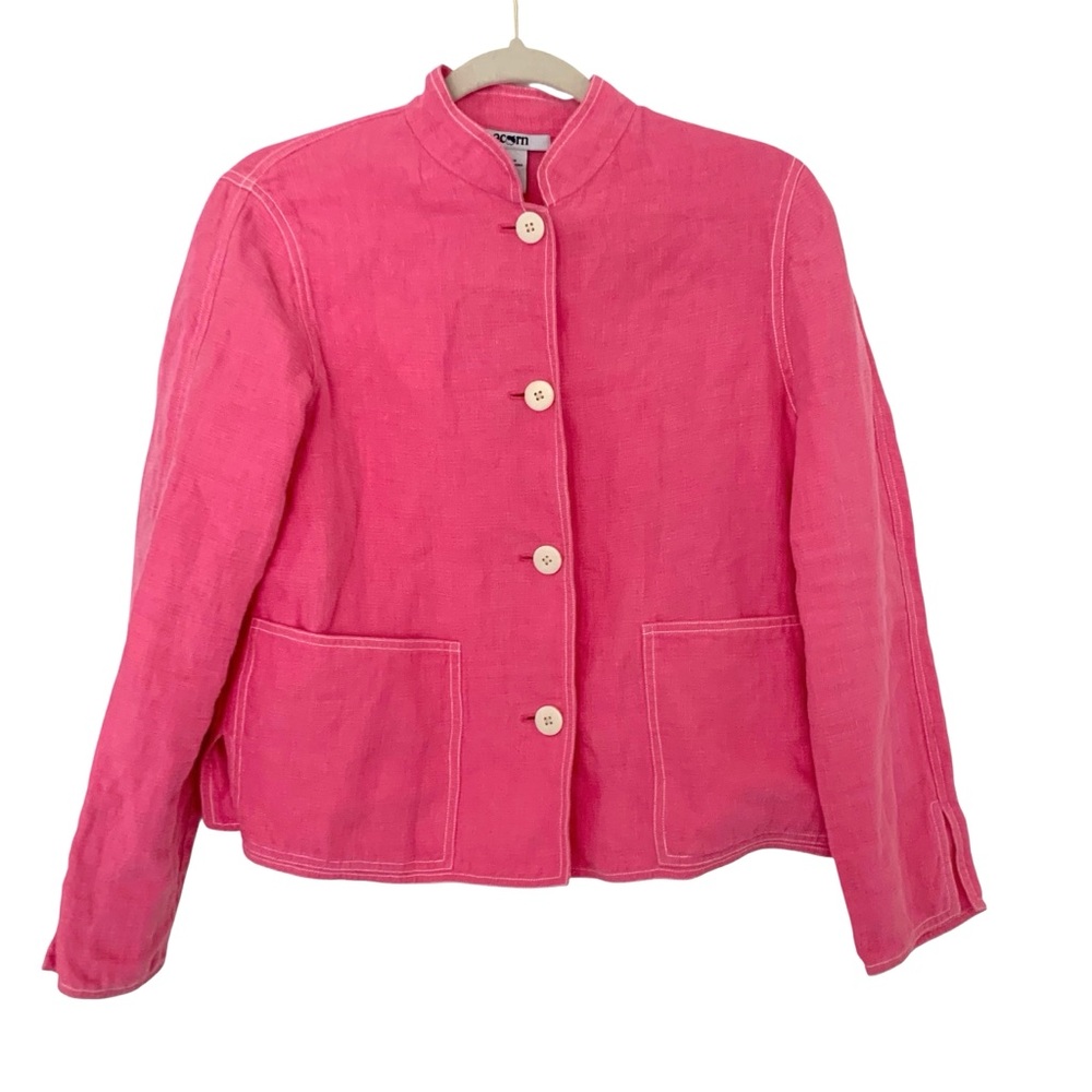 Acorn Women’s Small Pink & White Contrast Stitch 100% Linen Button Front Jacket
